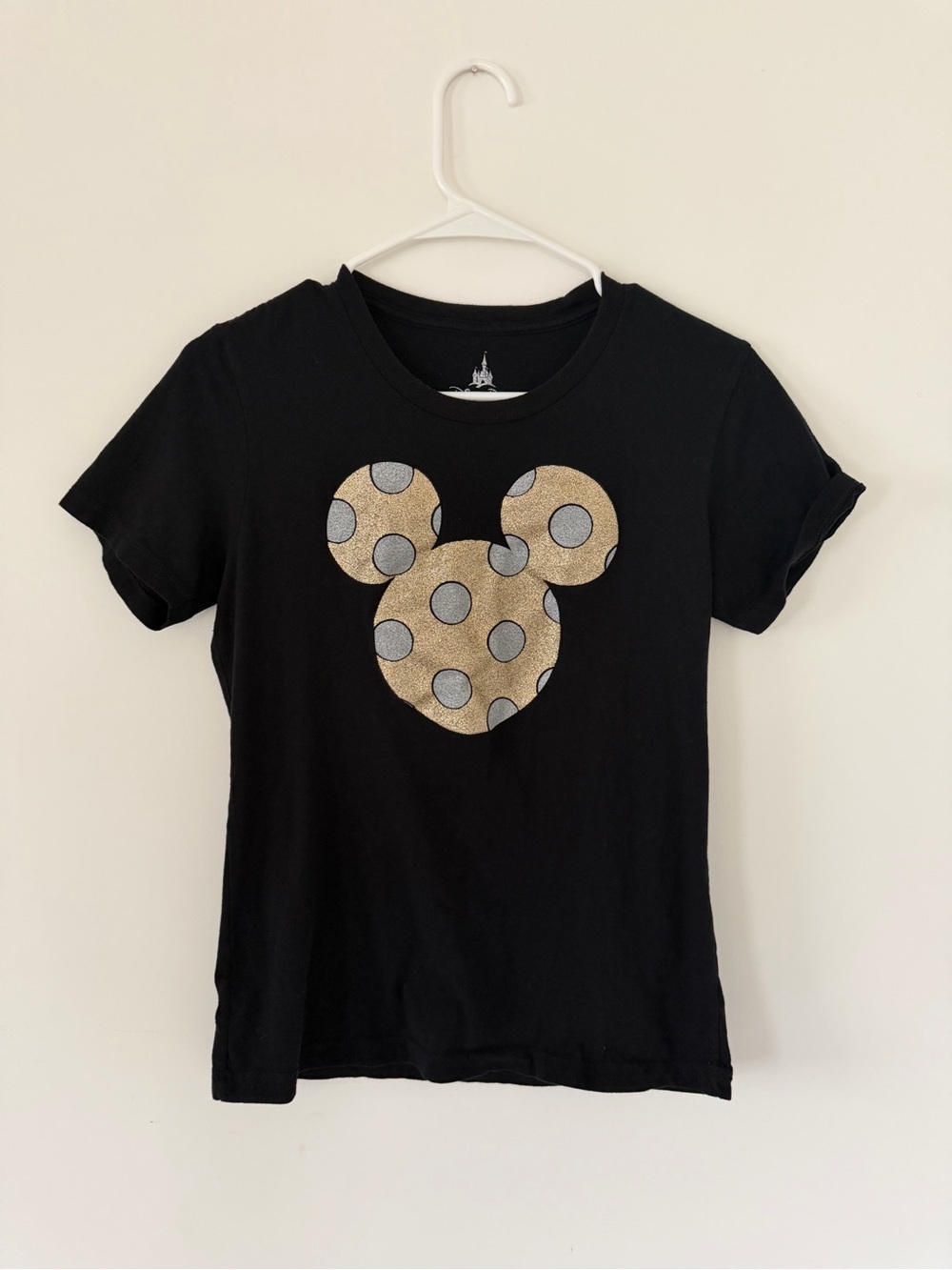 Disney Parks Black T-Shirt with Gold Polka Dot Mickey Graphic
